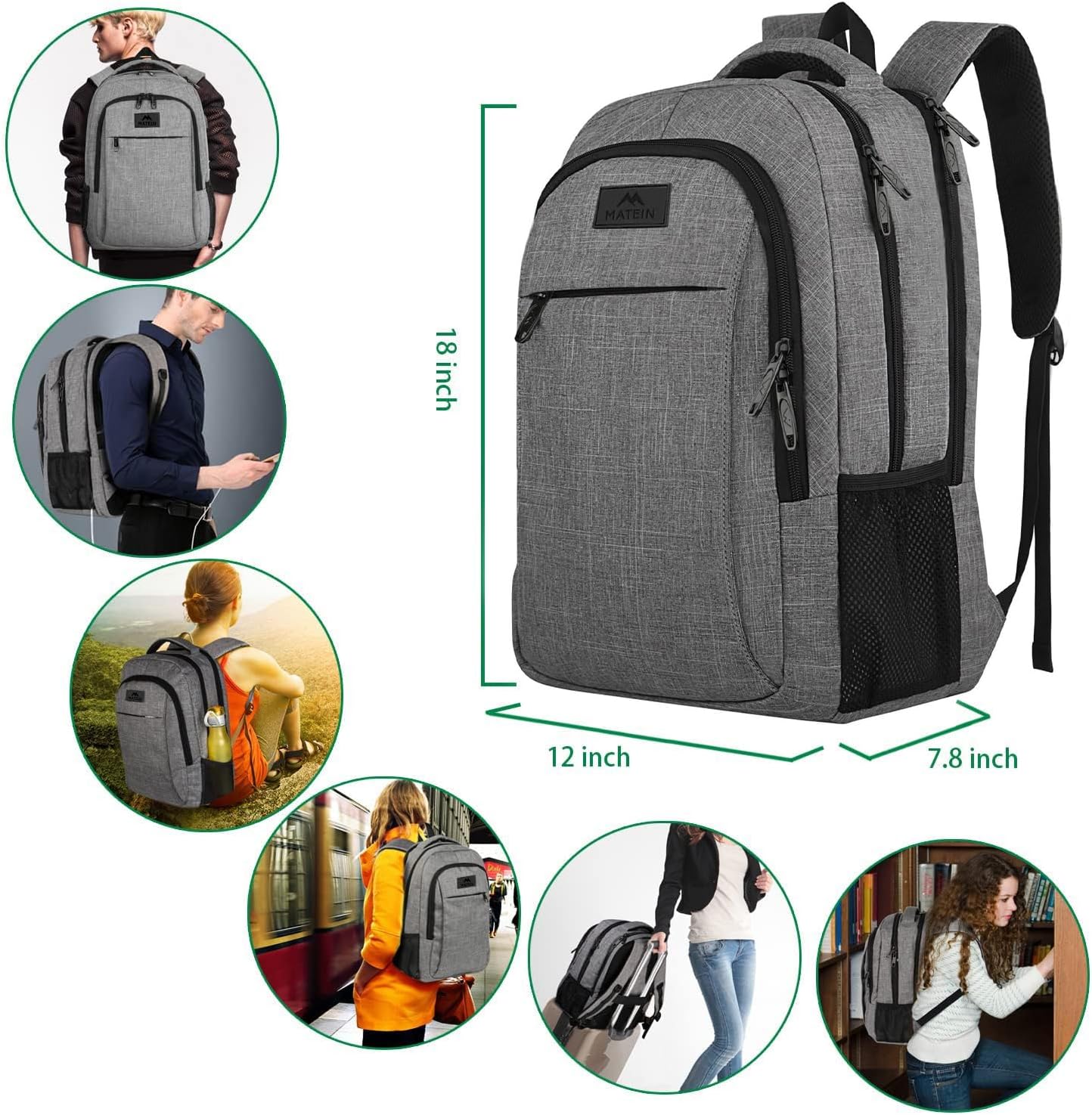 MATEIN travel laptop backpack in grey nylon with anti-theft design, shown front view — view 3