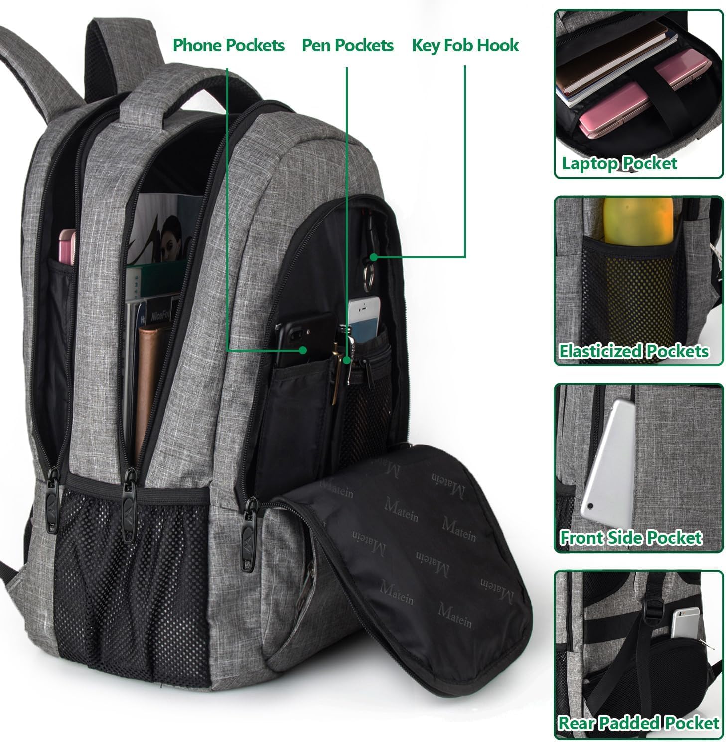 MATEIN travel laptop backpack in grey nylon with anti-theft design, shown front view — view 2