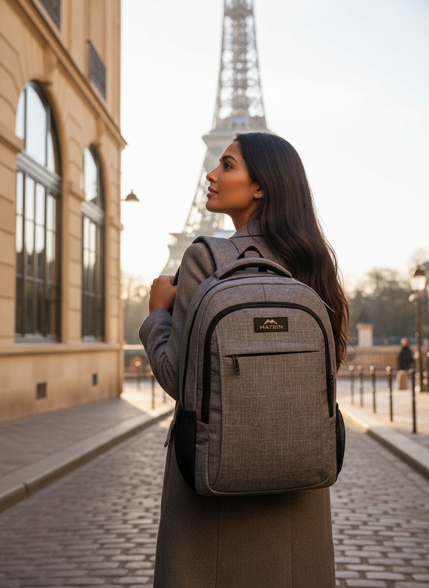 MATEIN travel laptop backpack in grey nylon with anti-theft design, shown front view — view 2