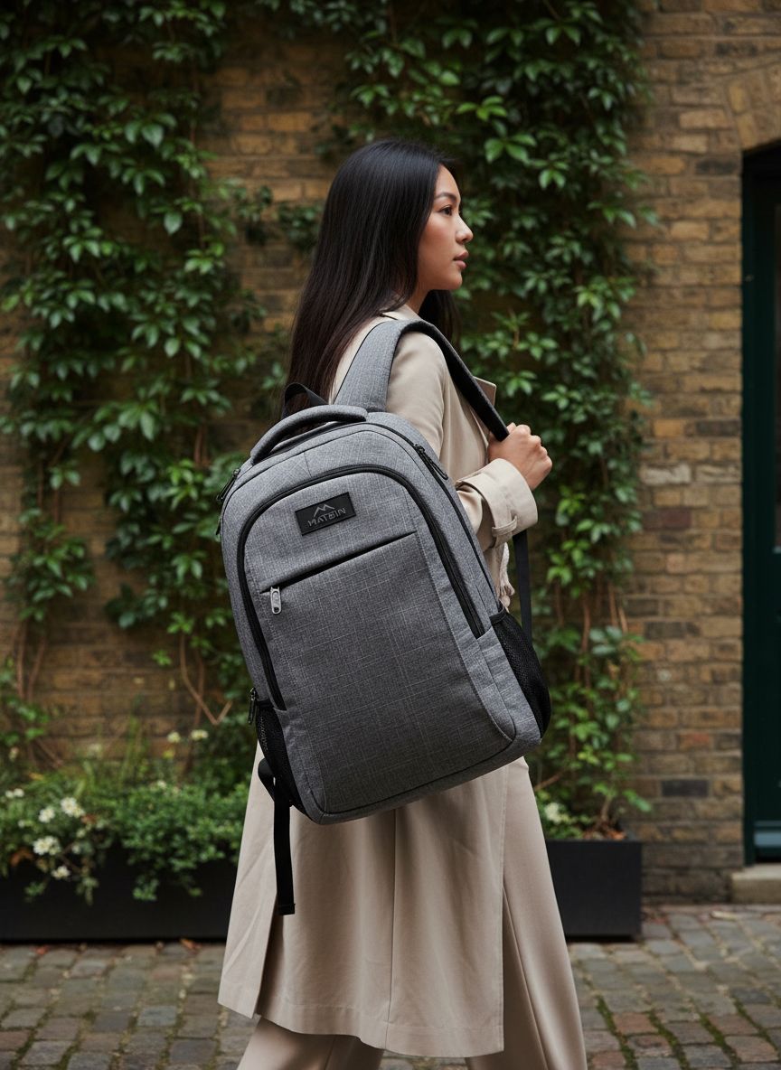 MATEIN travel laptop backpack in grey nylon with anti-theft design, shown front view — view 3