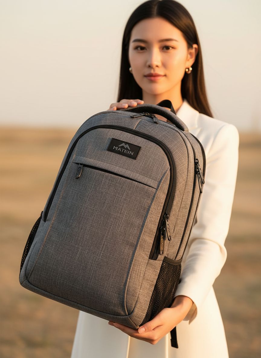 MATEIN travel laptop backpack in grey nylon with anti-theft design, shown front view — view 4