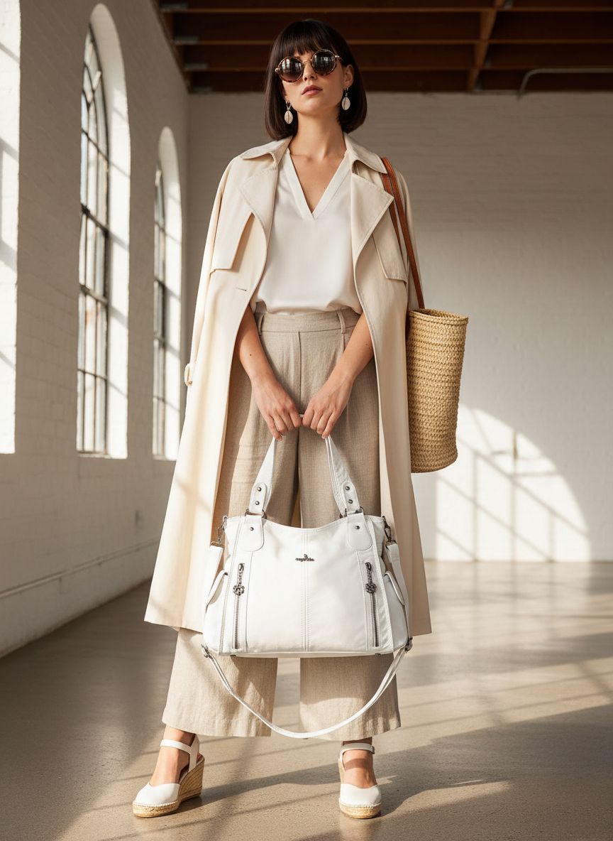 PU leather hobo shoulder bag in neutral color with top handle and roomy tote design — view 5a