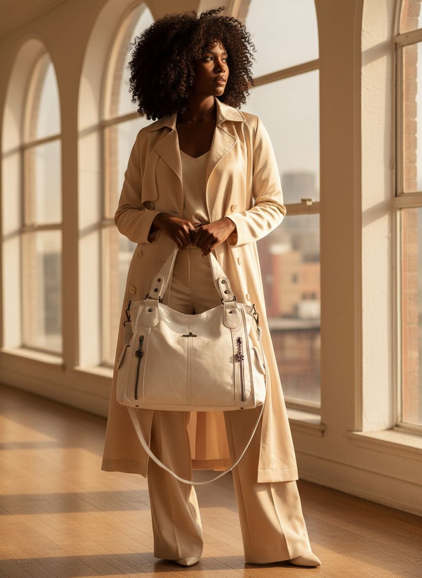 PU leather hobo shoulder bag in neutral color with top handle and roomy tote design — view 6