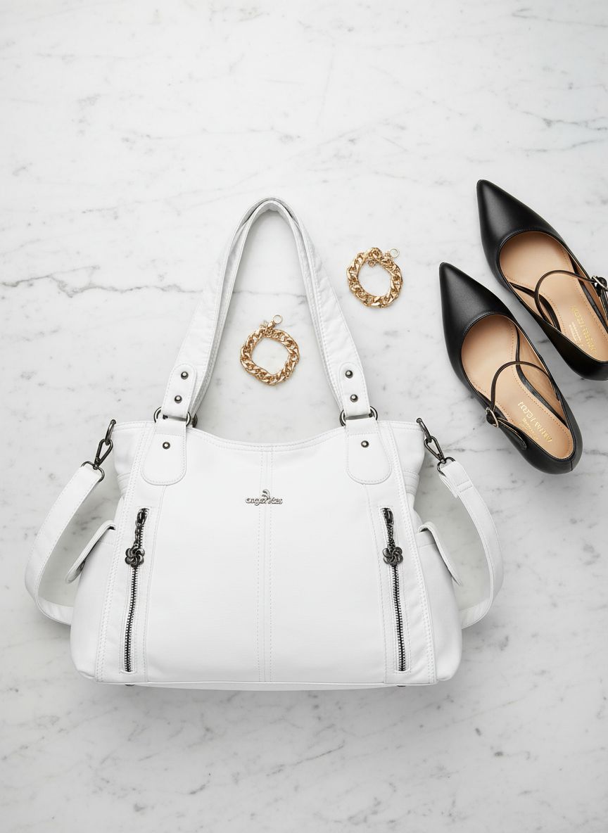 PU leather hobo shoulder bag in neutral color with top handle and roomy tote design — view 7a