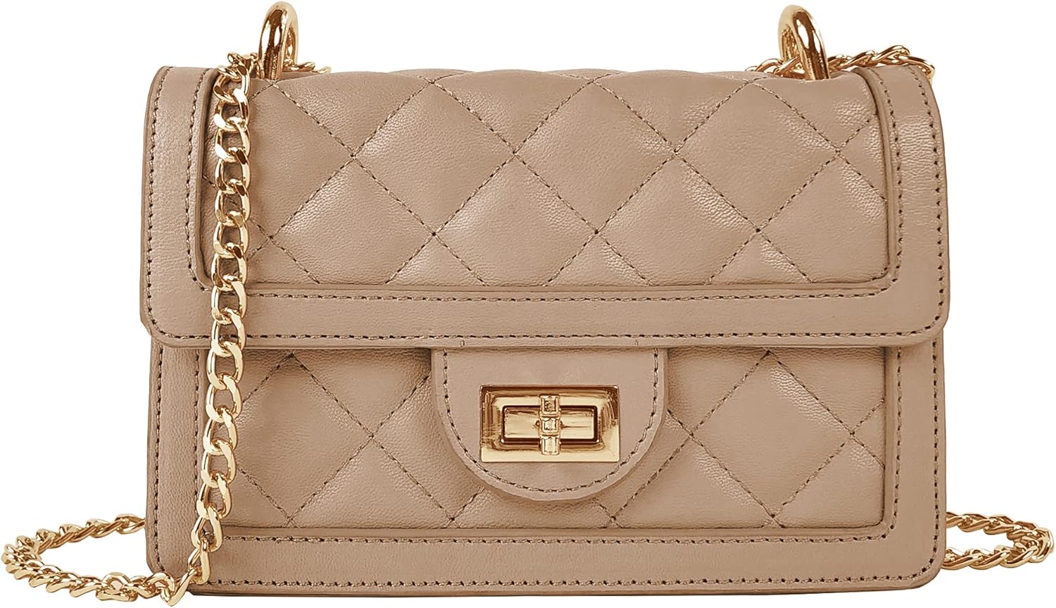 Quilted vegan leather crossbody bag in neutral tone with chain strap — view 1