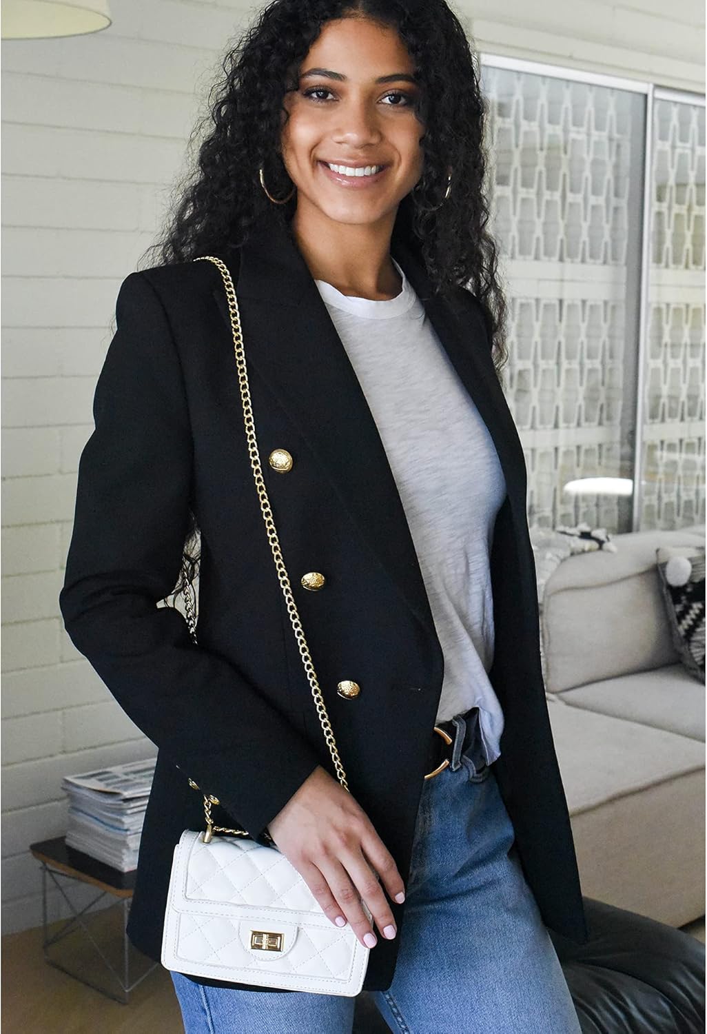 Quilted vegan leather crossbody bag in neutral tone with chain strap — view 2
