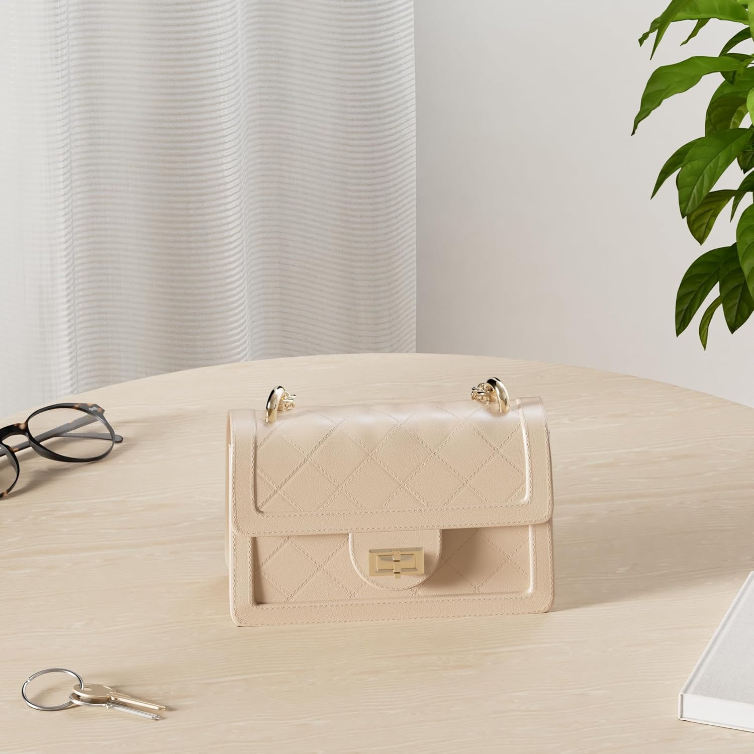 Quilted vegan leather crossbody bag in neutral tone with chain strap — view 3