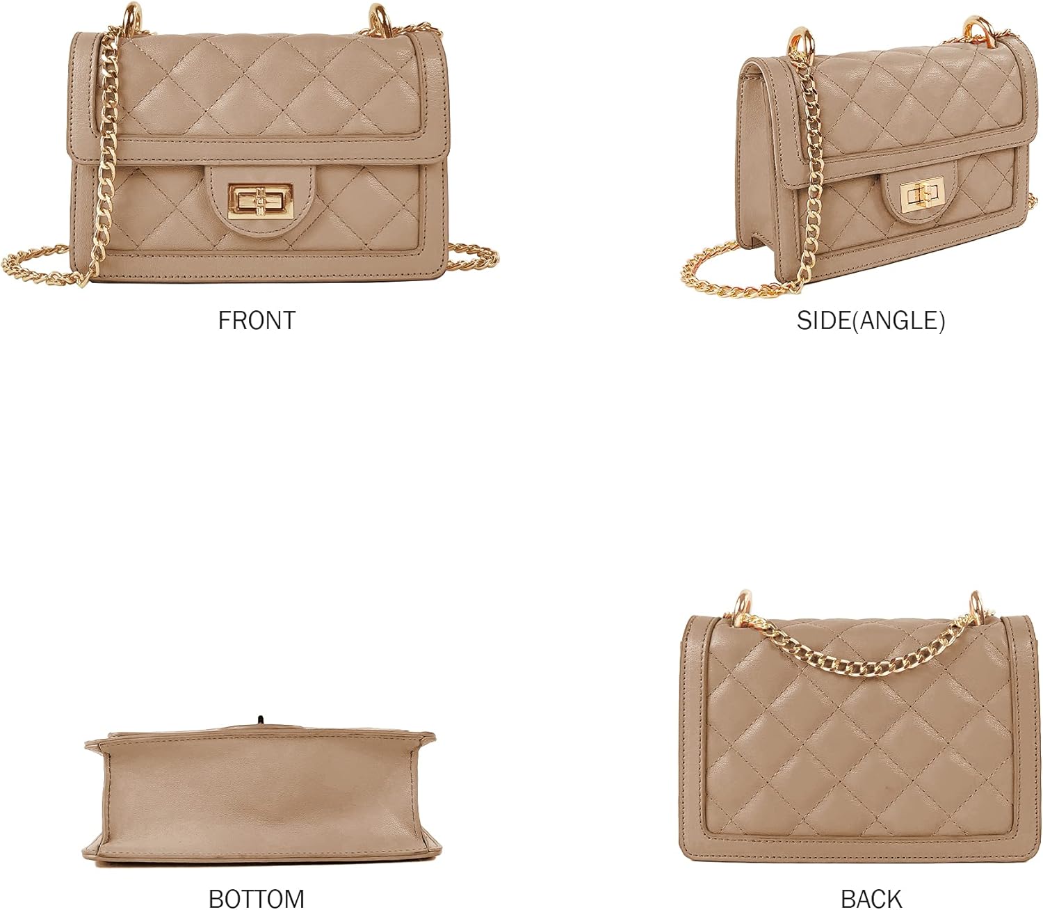 Quilted vegan leather crossbody bag in neutral tone with chain strap — view 4