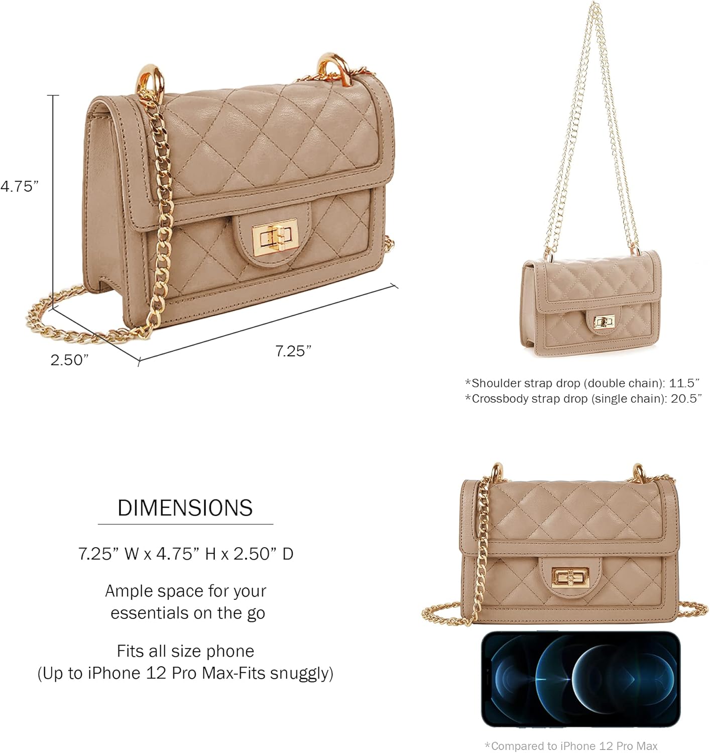Quilted vegan leather crossbody bag in neutral tone with chain strap — view 2