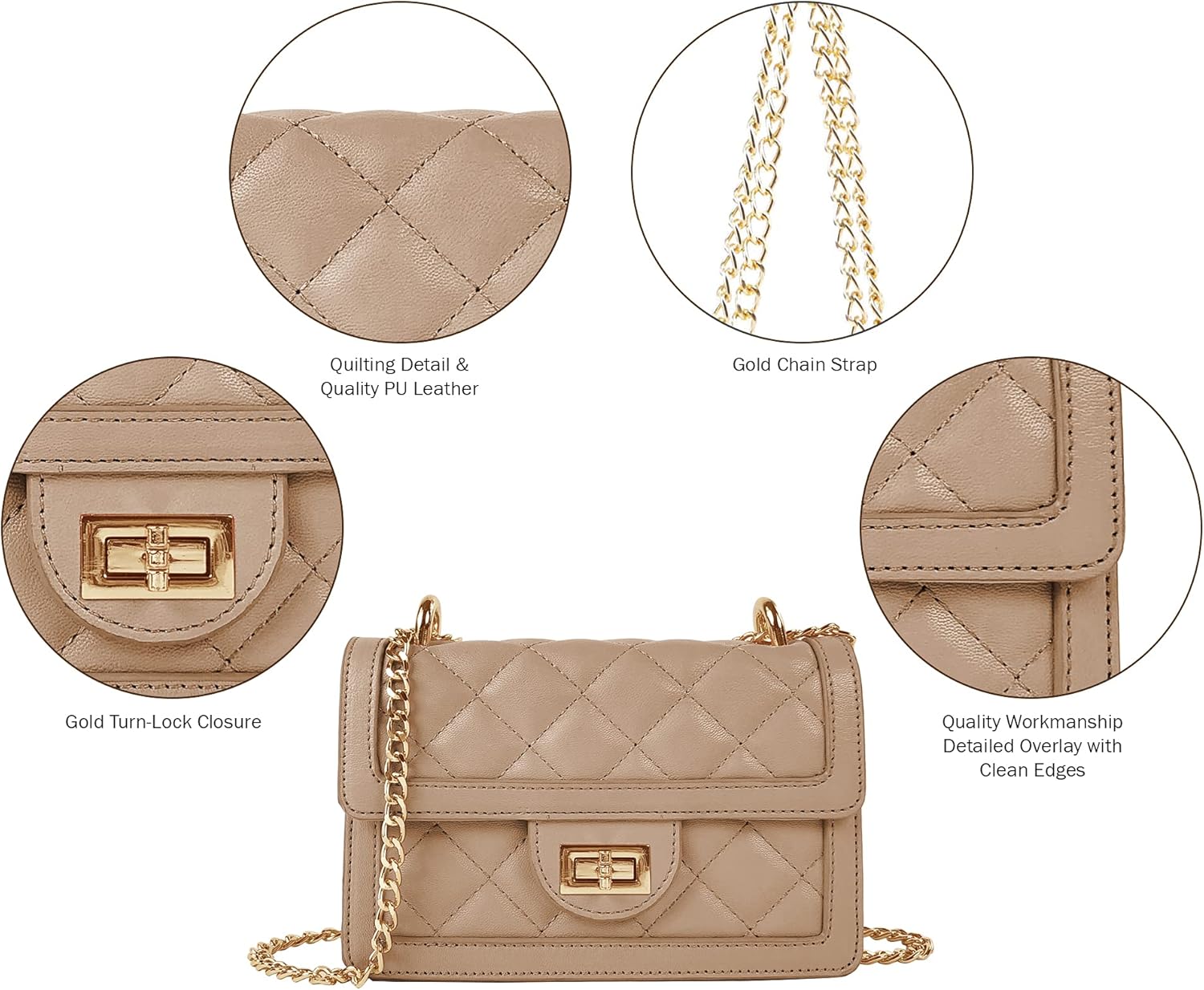 Quilted vegan leather crossbody bag in neutral tone with chain strap — view 4