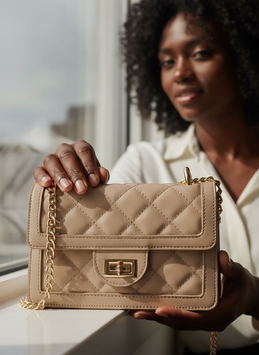 Quilted vegan leather crossbody bag in neutral tone with chain strap — view 4