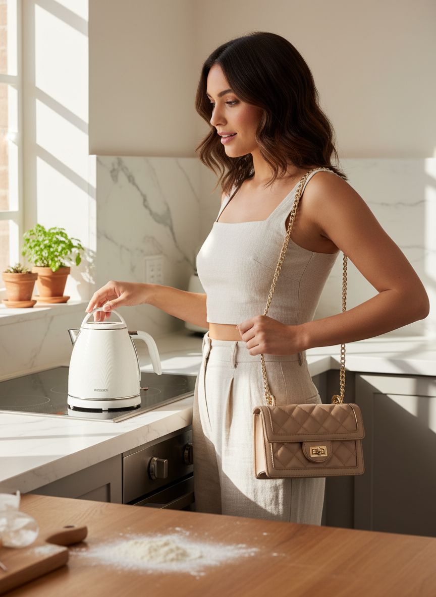 Quilted vegan leather crossbody bag in neutral tone with chain strap — view 2