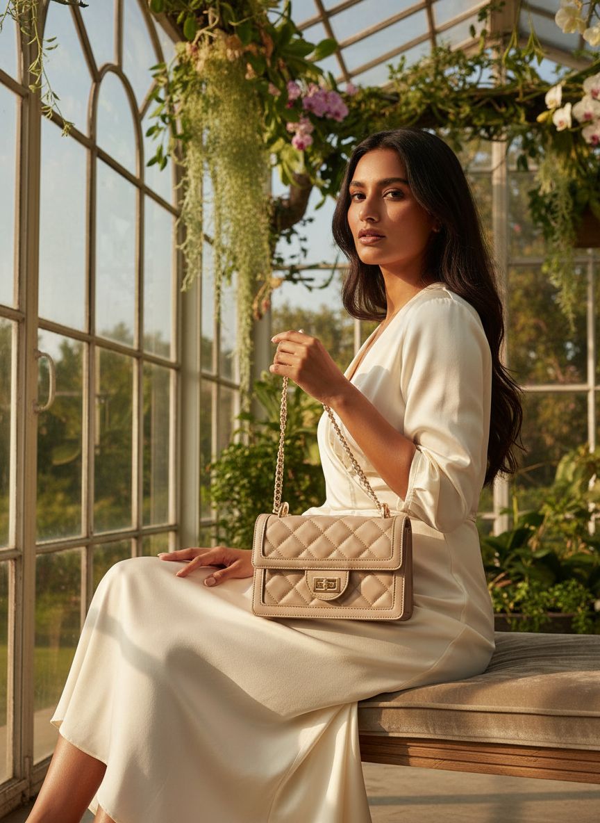 Quilted vegan leather crossbody bag in neutral tone with chain strap — view 4