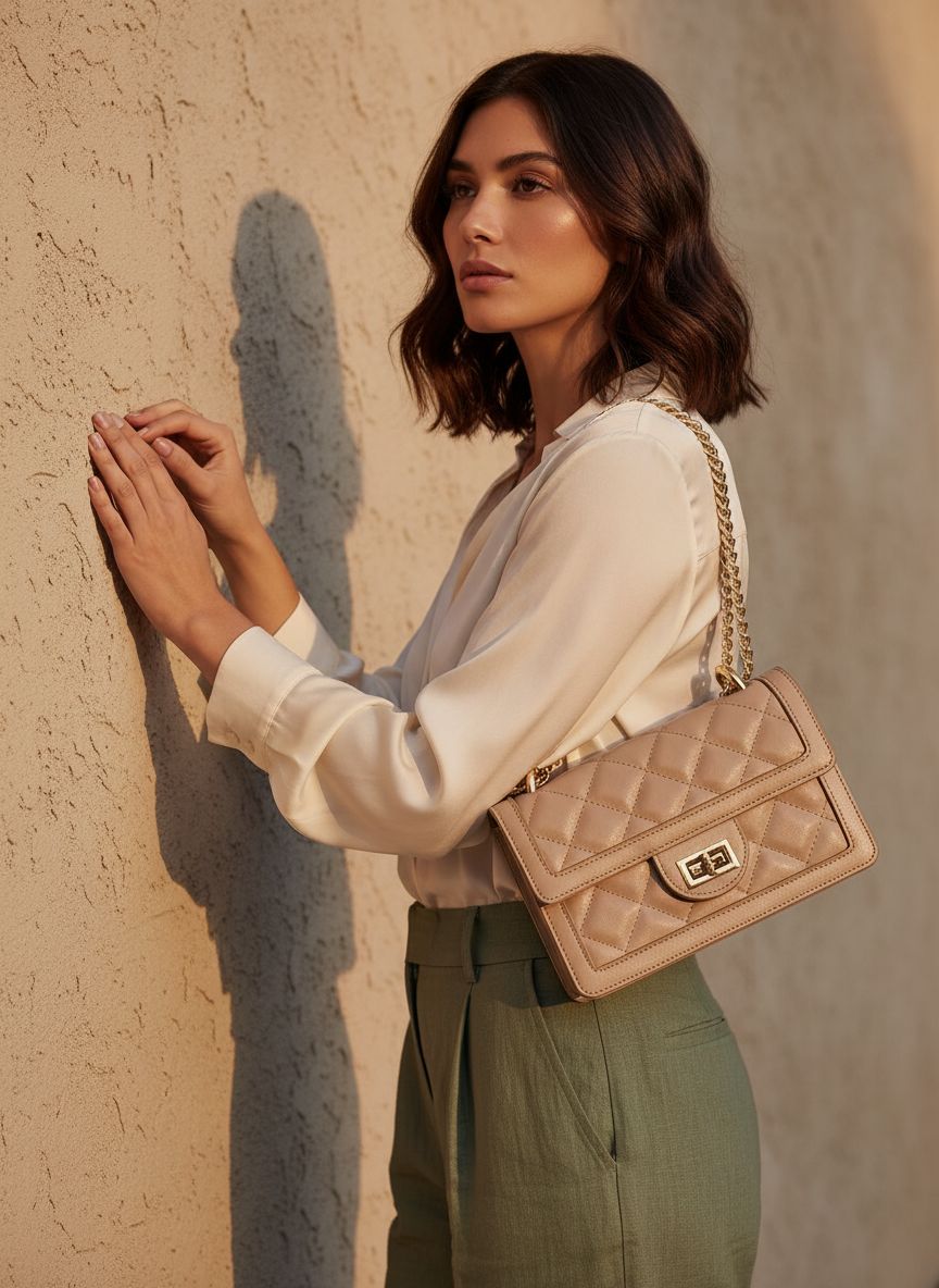 Quilted vegan leather crossbody bag in neutral tone with chain strap — view 6