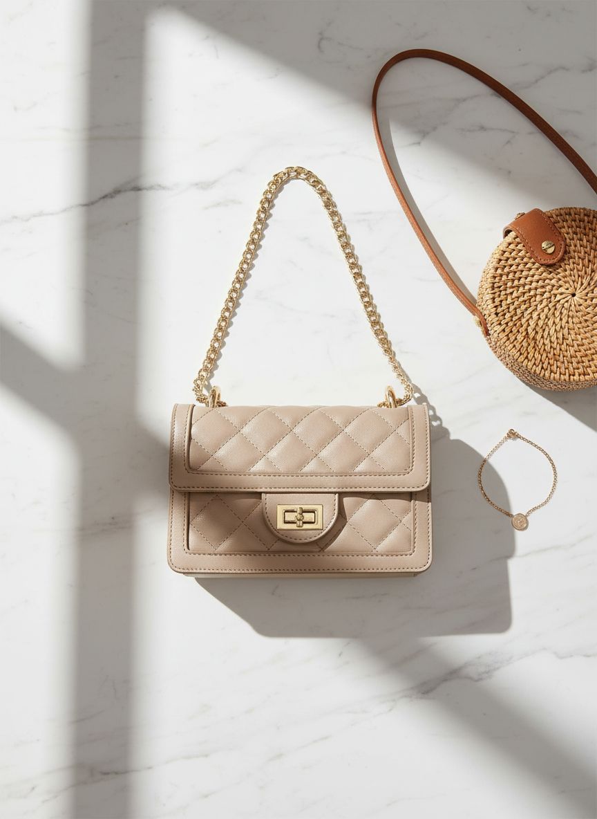 Quilted vegan leather crossbody bag in neutral tone with chain strap — view 7a