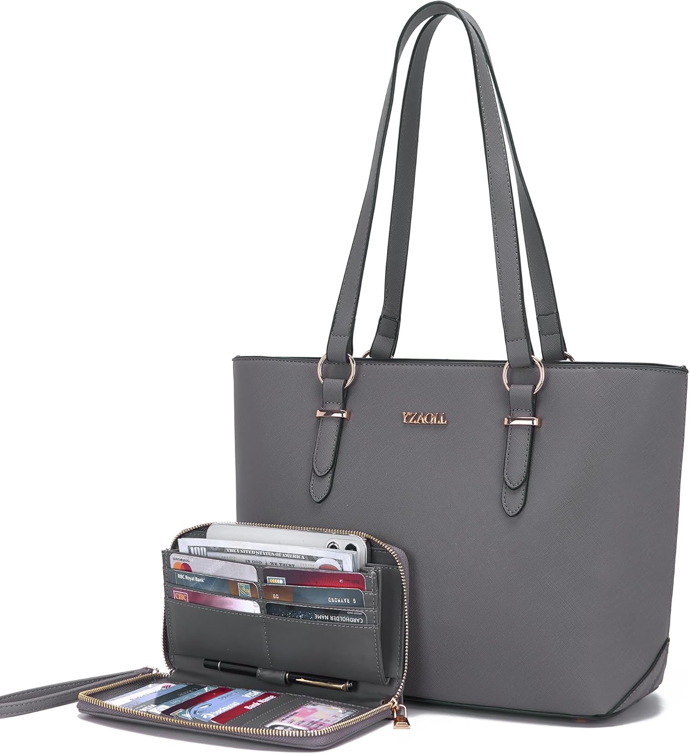 Faux leather tote satchel in [color] with shoulder straps and wallet set — view 1