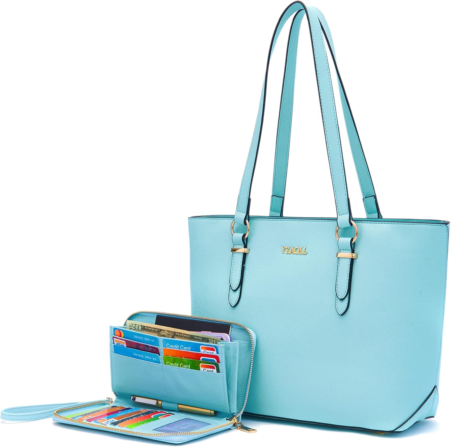 Faux leather tote satchel in [color] with shoulder straps and wallet set — view 5