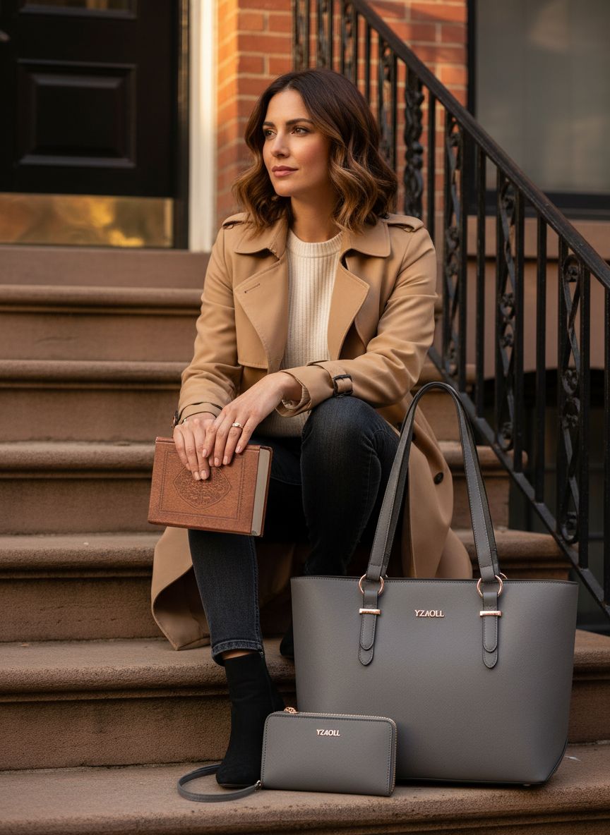 Faux leather tote satchel in [color] with shoulder straps and wallet set — view 3