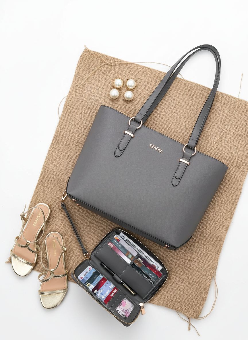 Faux leather tote satchel in [color] with shoulder straps and wallet set — view 7a