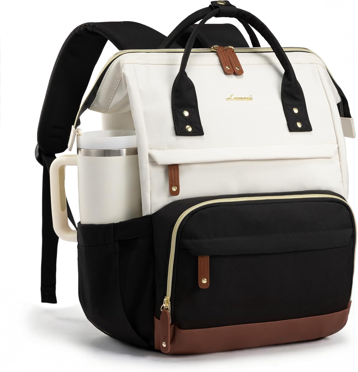 Waterproof nylon laptop backpack in neutral tone, 15.6 inch capacity, front view with compartments โ view 1