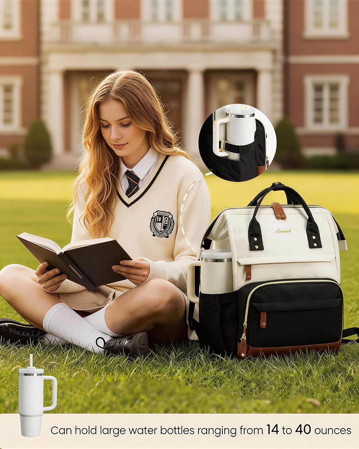 Waterproof nylon laptop backpack in neutral tone, 15.6 inch capacity, front view with compartments โ view 2