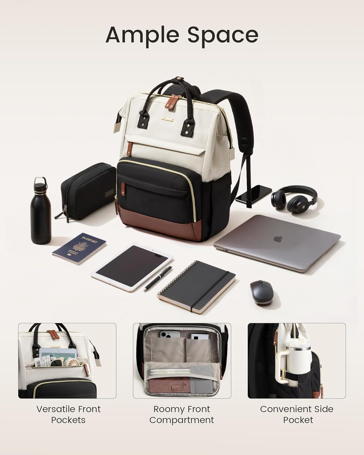 Waterproof nylon laptop backpack in neutral tone, 15.6 inch capacity, front view with compartments โ view 2