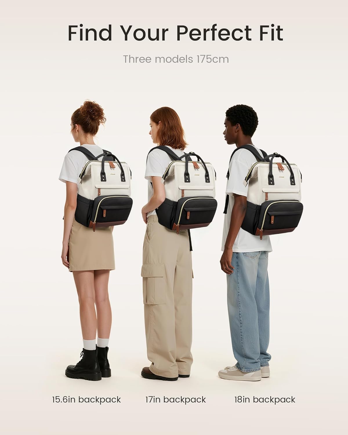 Waterproof nylon laptop backpack in neutral tone, 15.6 inch capacity, front view with compartments โ view 3