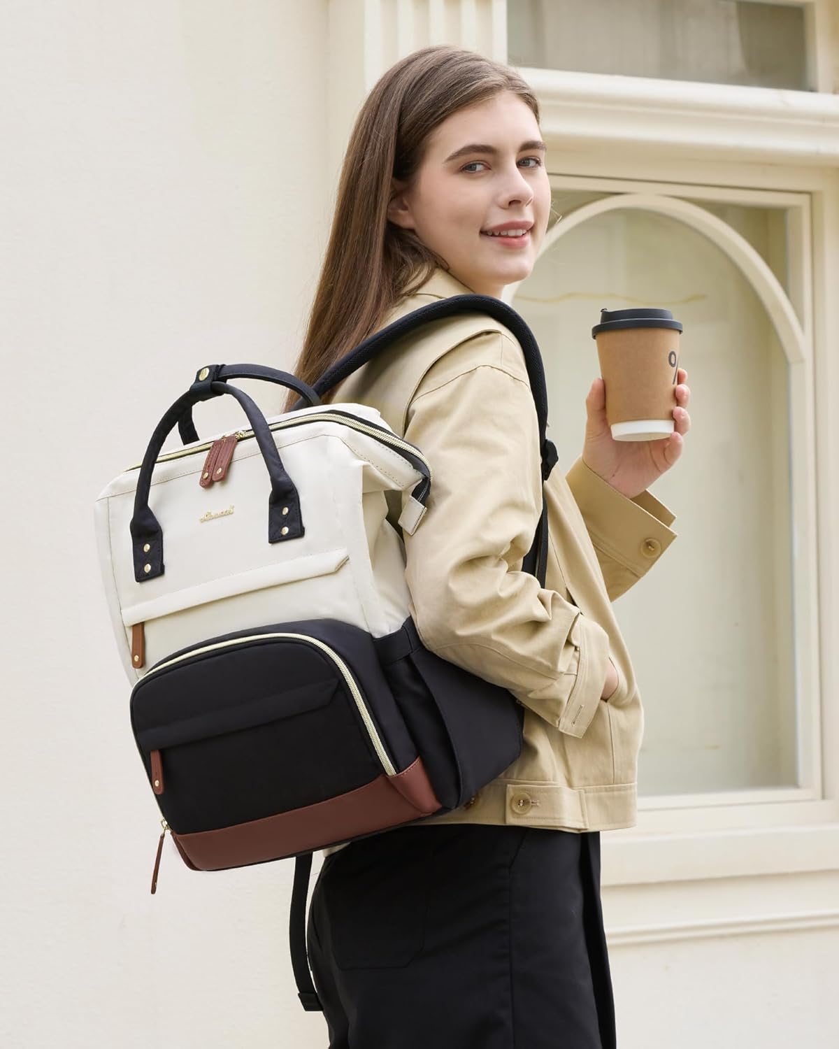 Waterproof nylon laptop backpack in neutral tone, 15.6 inch capacity, front view with compartments โ view 4