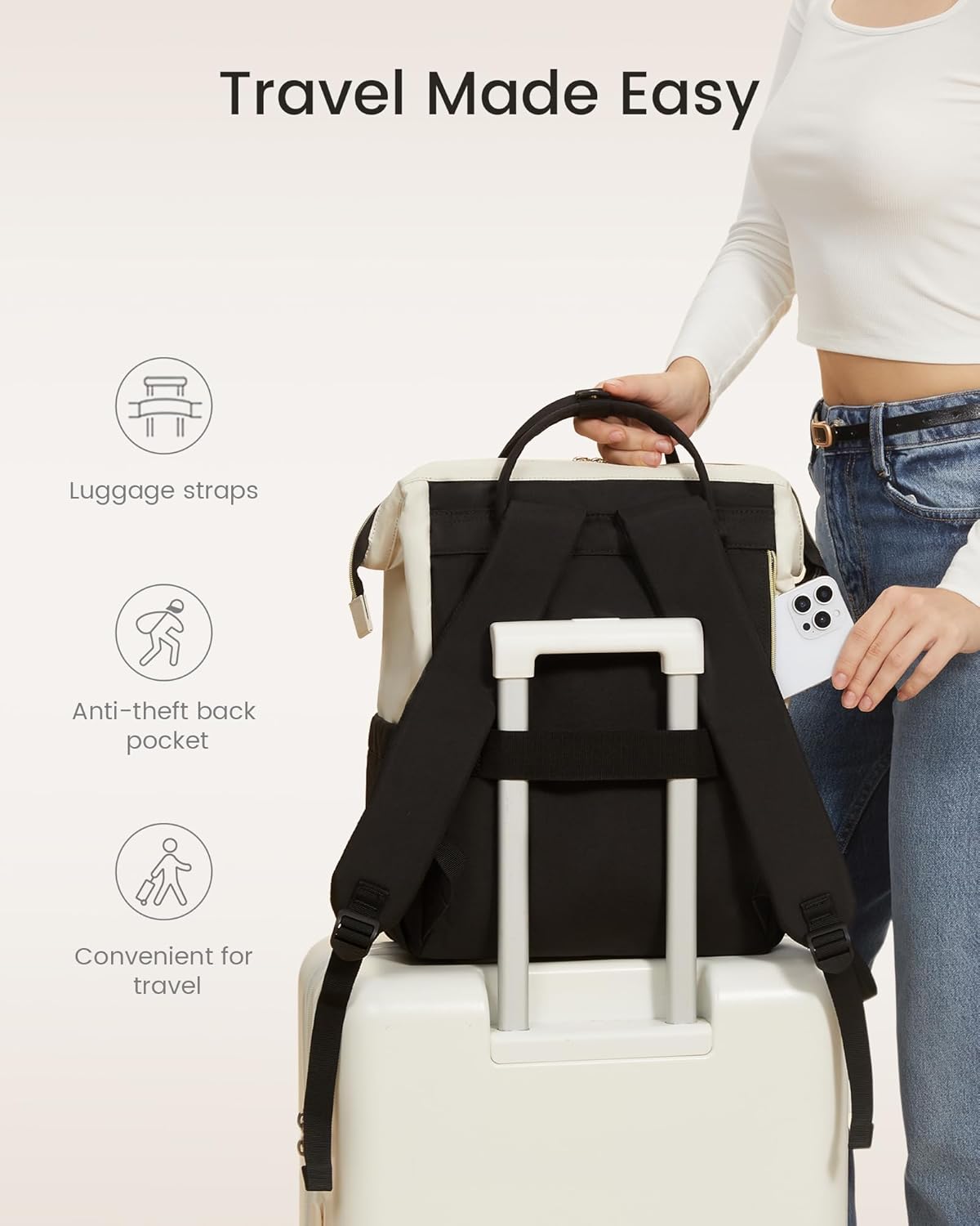 Waterproof nylon laptop backpack in neutral tone, 15.6 inch capacity, front view with compartments โ view 5