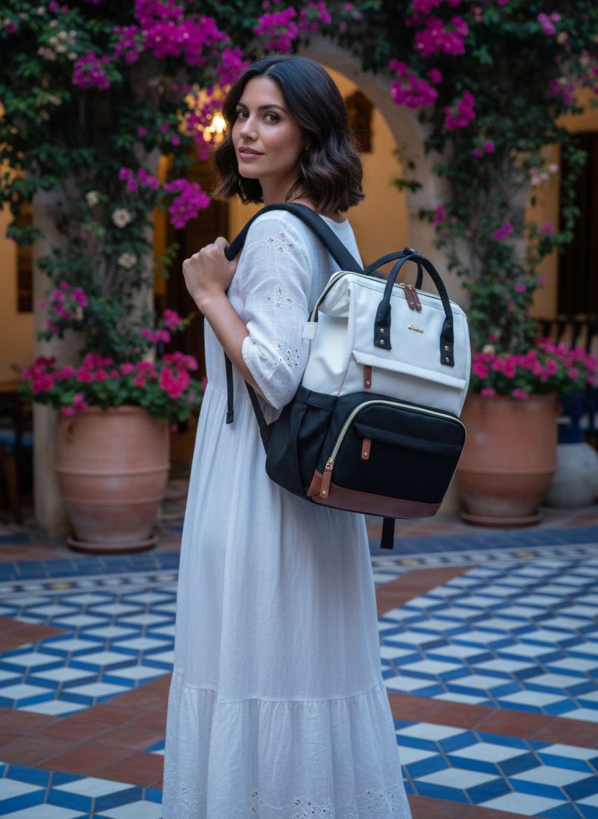 Waterproof nylon laptop backpack in neutral tone, 15.6 inch capacity, front view with compartments โ view 1