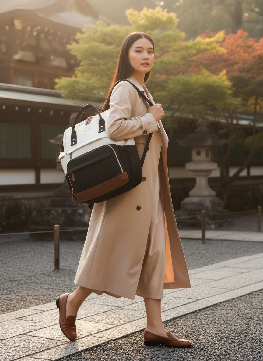 Waterproof nylon laptop backpack in neutral tone, 15.6 inch capacity, front view with compartments โ view 3a