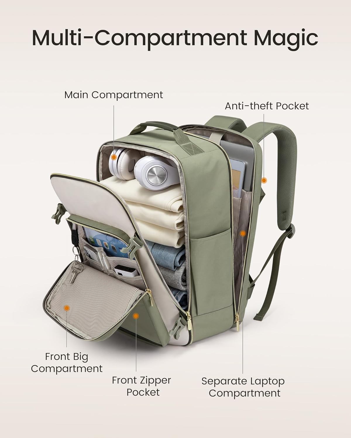 40L waterproof travel backpack in neutral nylon with laptop compartment and packing cubes — view 3