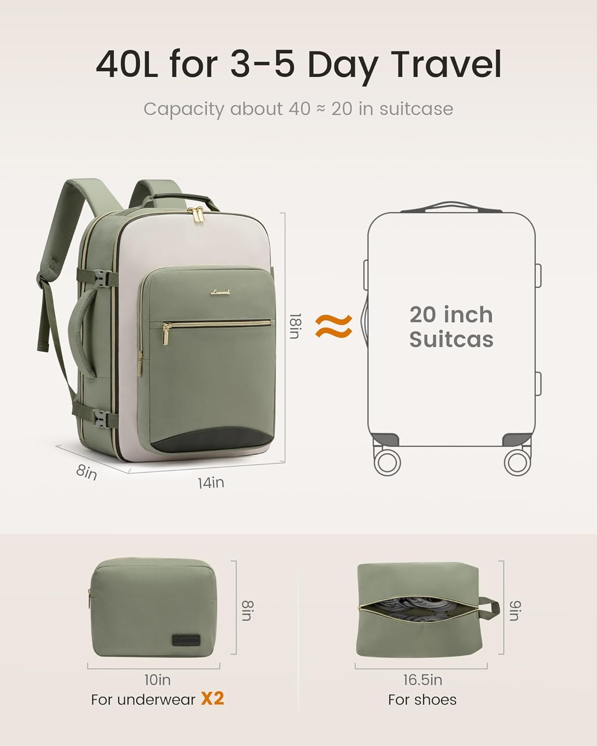 40L waterproof travel backpack in neutral nylon with laptop compartment and packing cubes — view 2