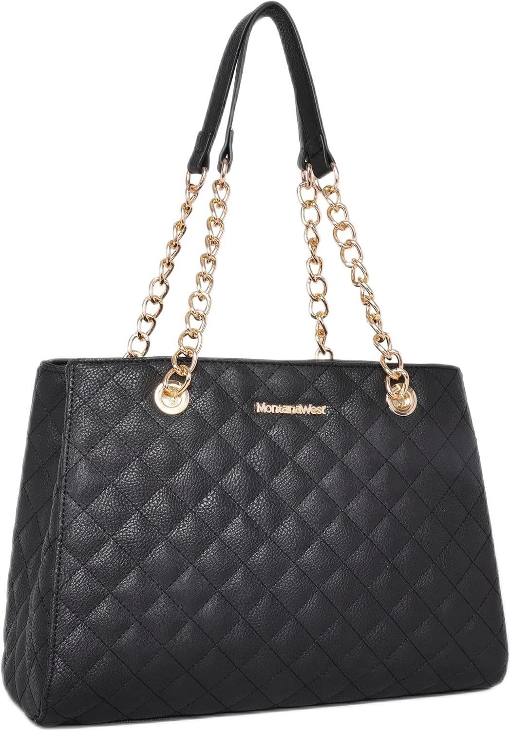 Quilted chain leather tote bag in neutral color, shown with shoulder strap — view 1