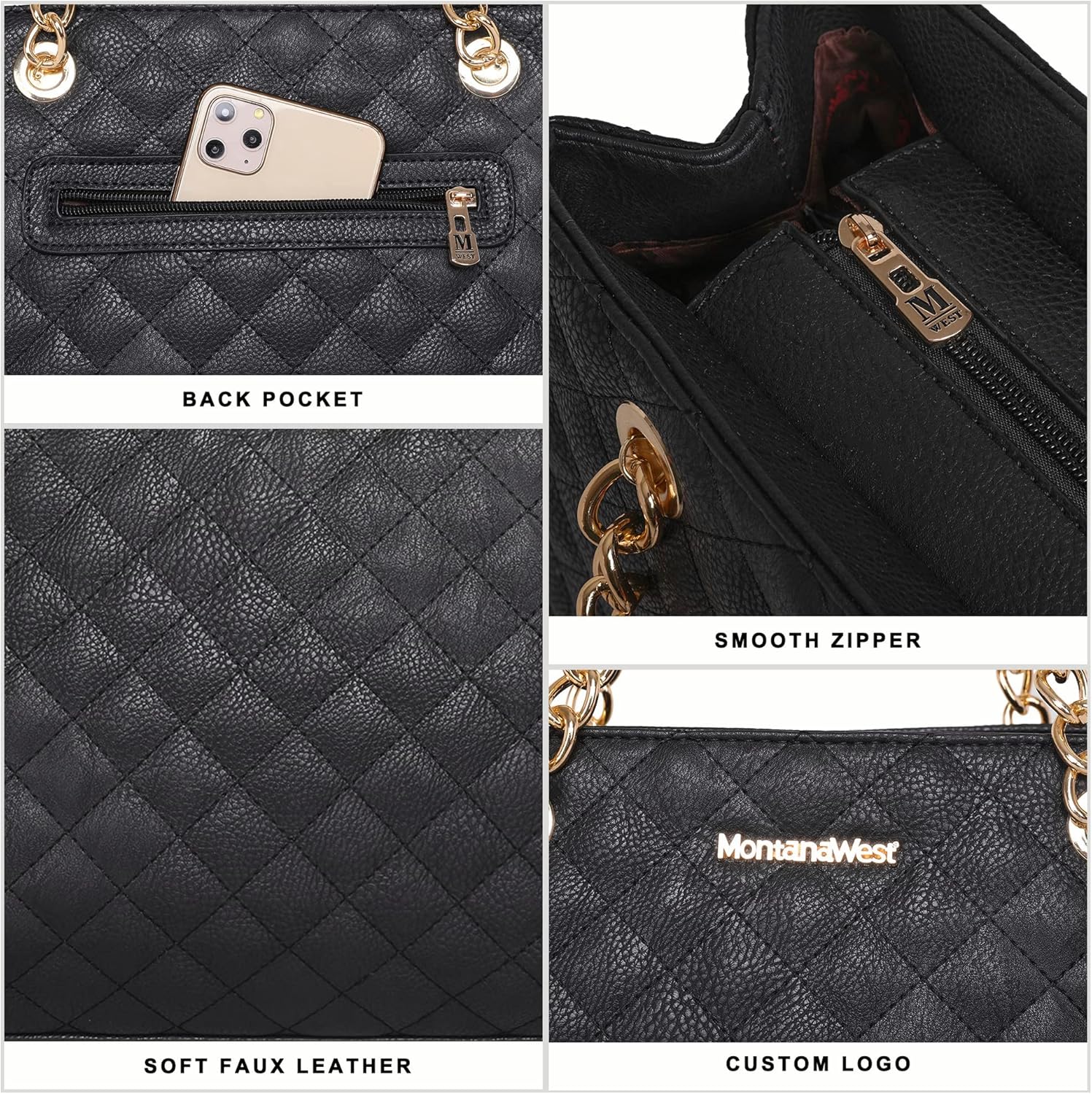 Quilted chain leather tote bag in neutral color, shown with shoulder strap — view 2