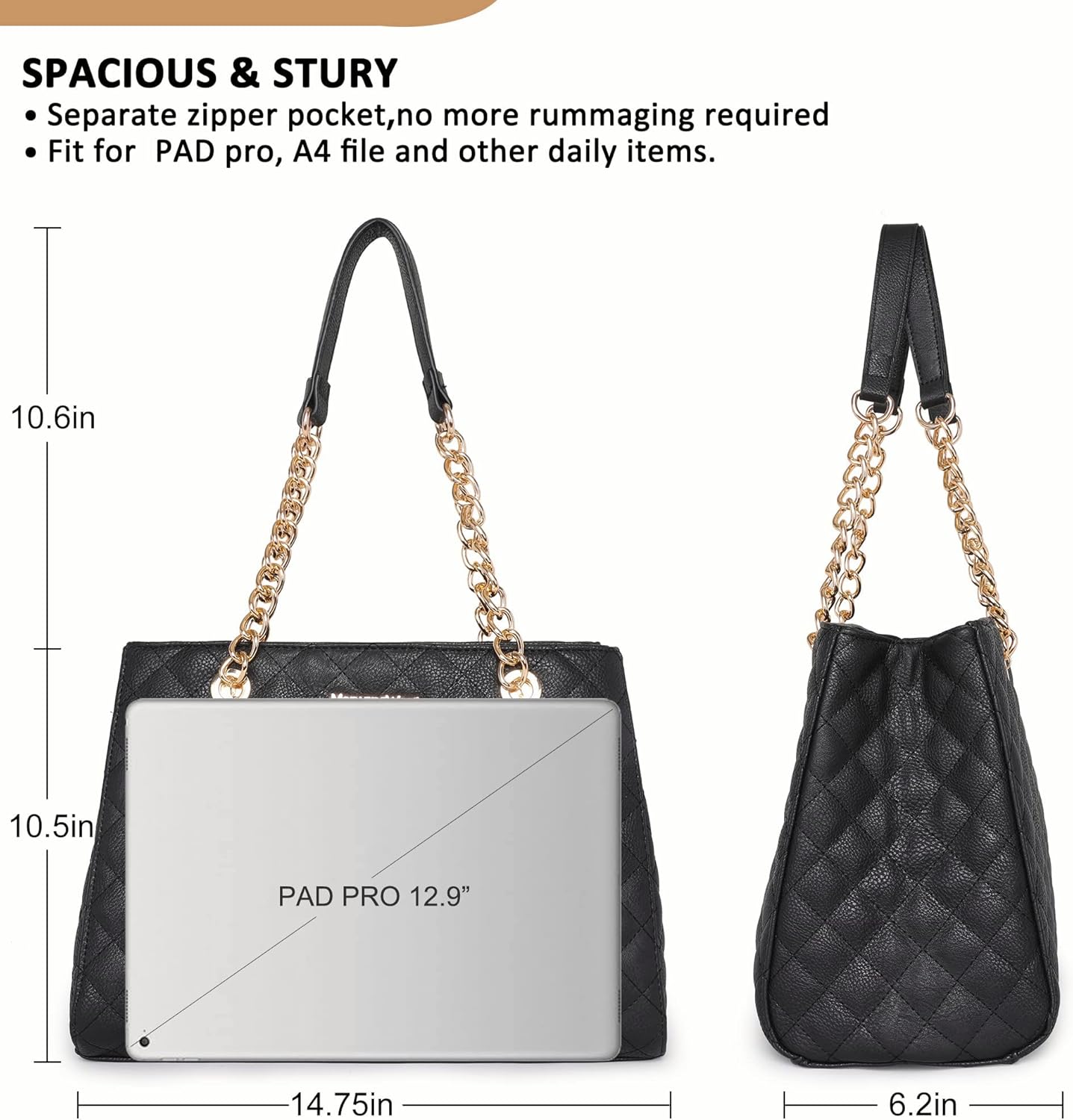 Quilted chain leather tote bag in neutral color, shown with shoulder strap — view 3