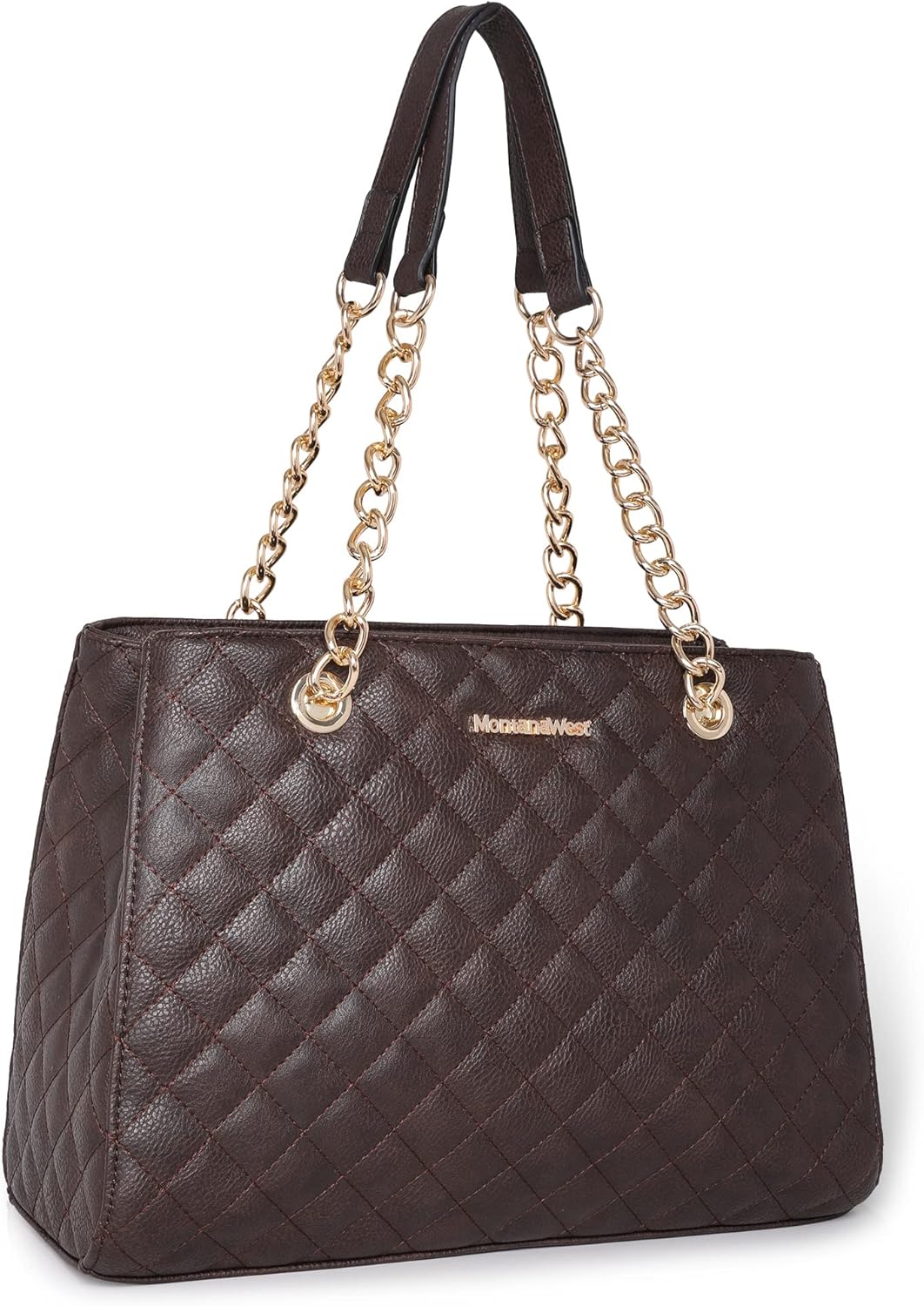 Quilted chain leather tote bag in neutral color, shown with shoulder strap — view 4