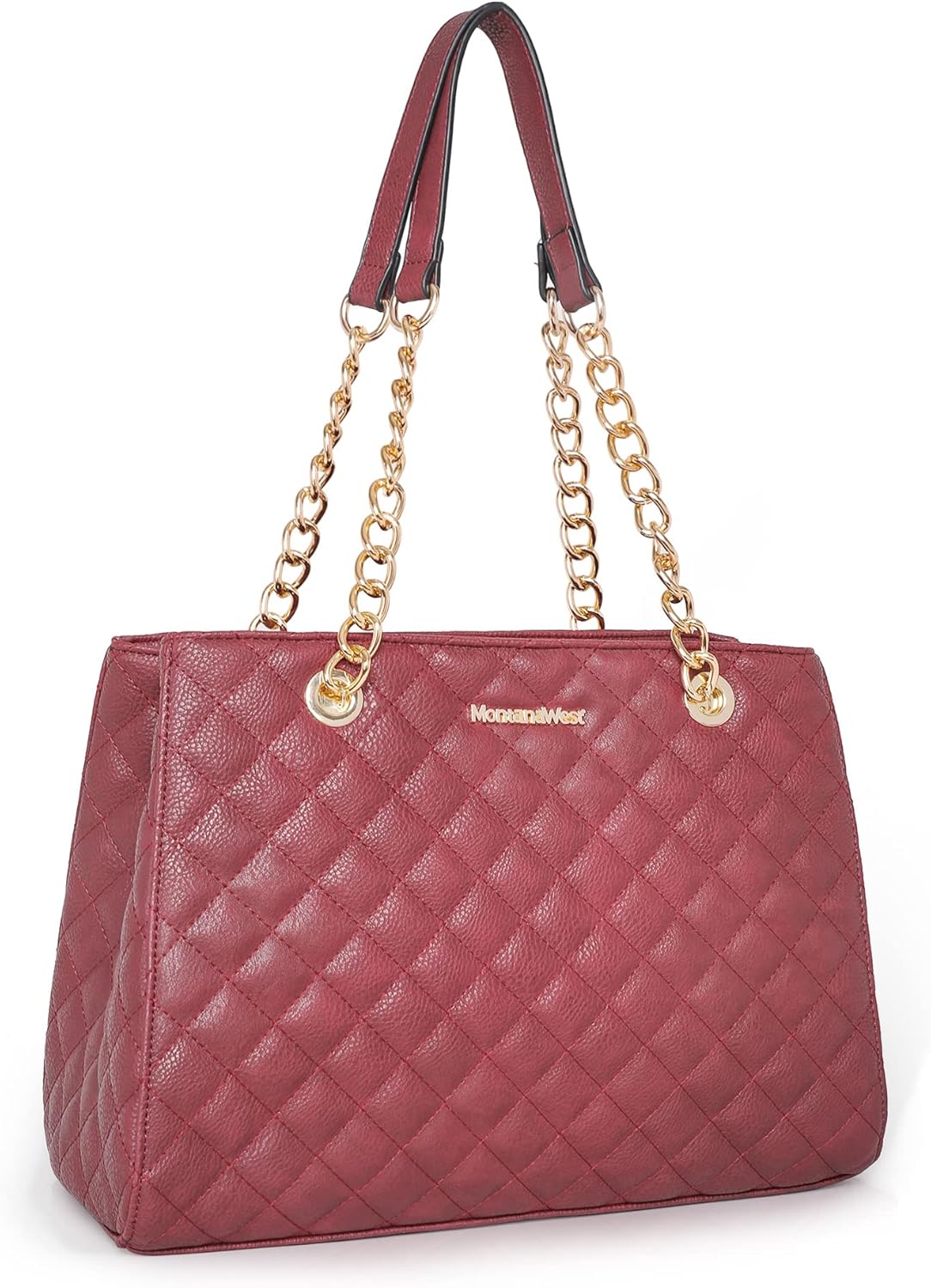 Quilted chain leather tote bag in neutral color, shown with shoulder strap — view 5