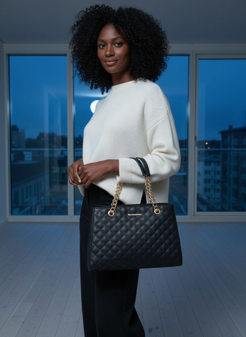 Quilted chain leather tote bag in neutral color, shown with shoulder strap โ view 1