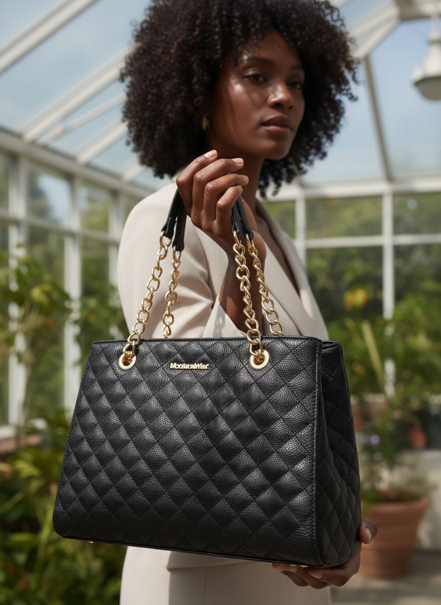 Quilted chain leather tote bag in neutral color, shown with shoulder strap โ view 4