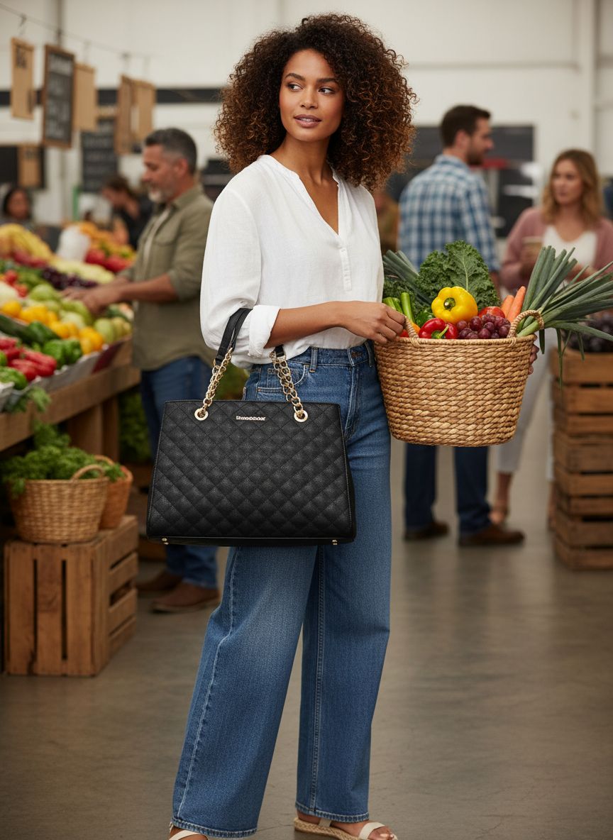 Quilted chain leather tote bag in neutral color, shown with shoulder strap โ view 2