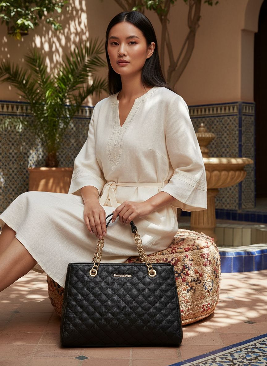 Quilted chain leather tote bag in neutral color, shown with shoulder strap โ view 4