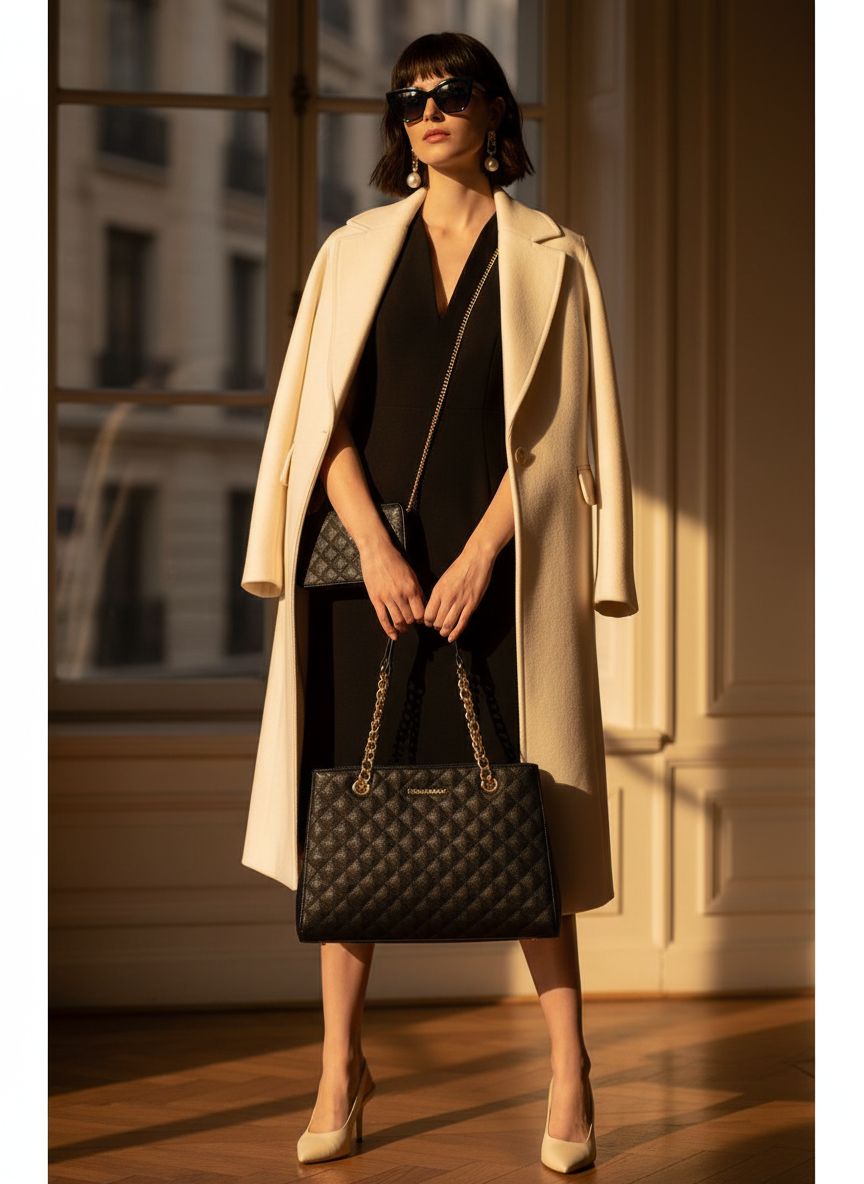 Quilted chain leather tote bag in neutral color, shown with shoulder strap โ view 5a
