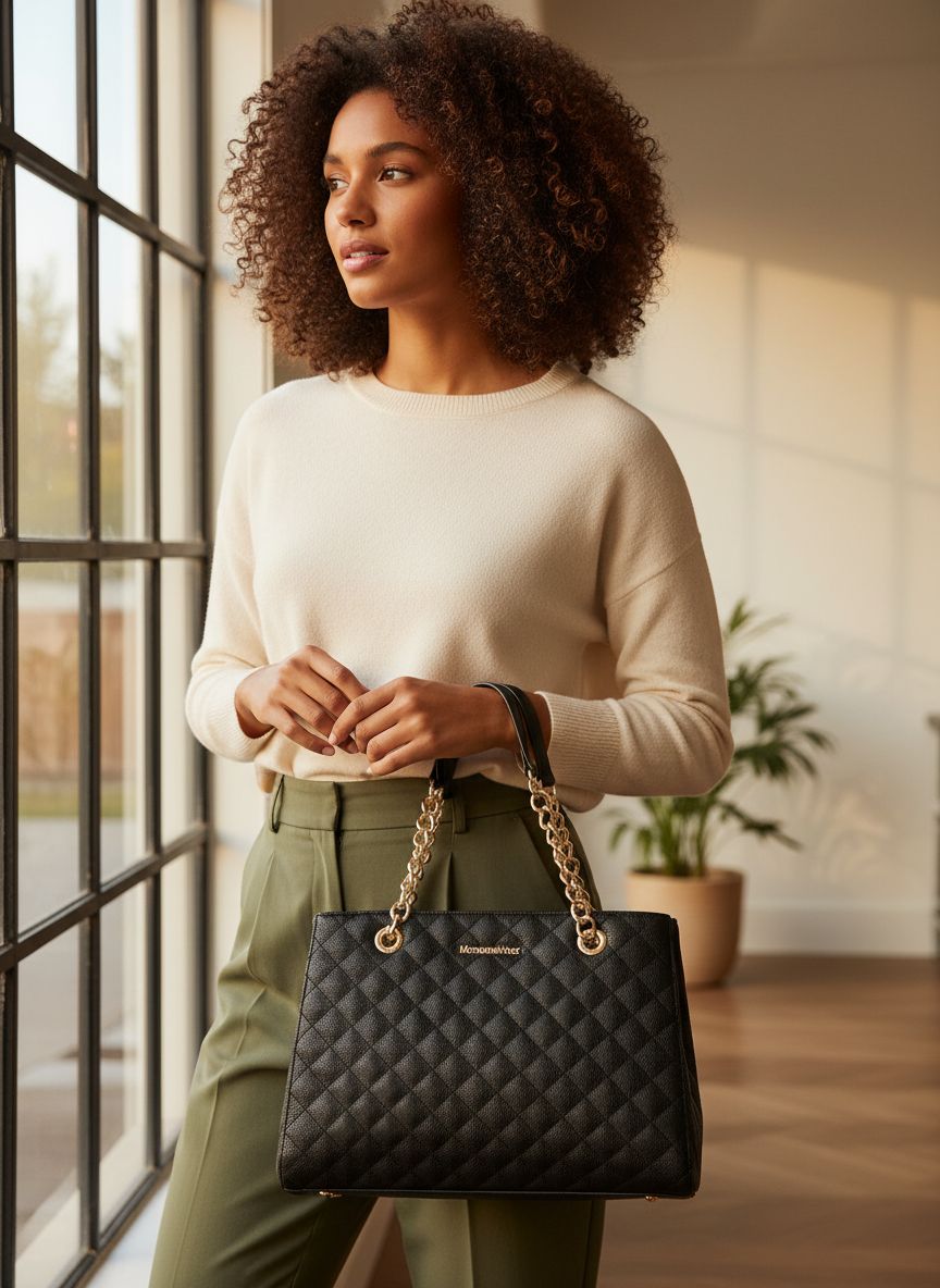 Quilted chain leather tote bag in neutral color, shown with shoulder strap โ view 6