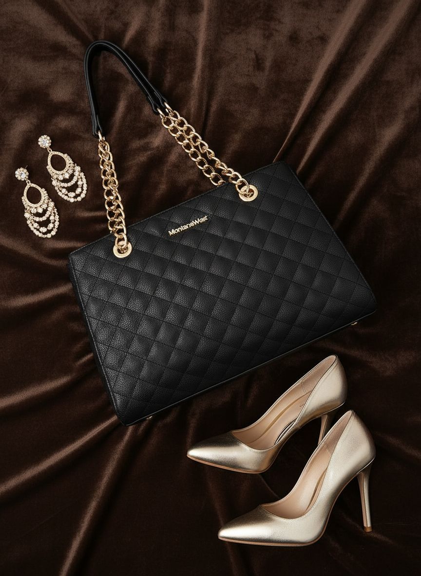Quilted chain leather tote bag in neutral color, shown with shoulder strap โ view 7a