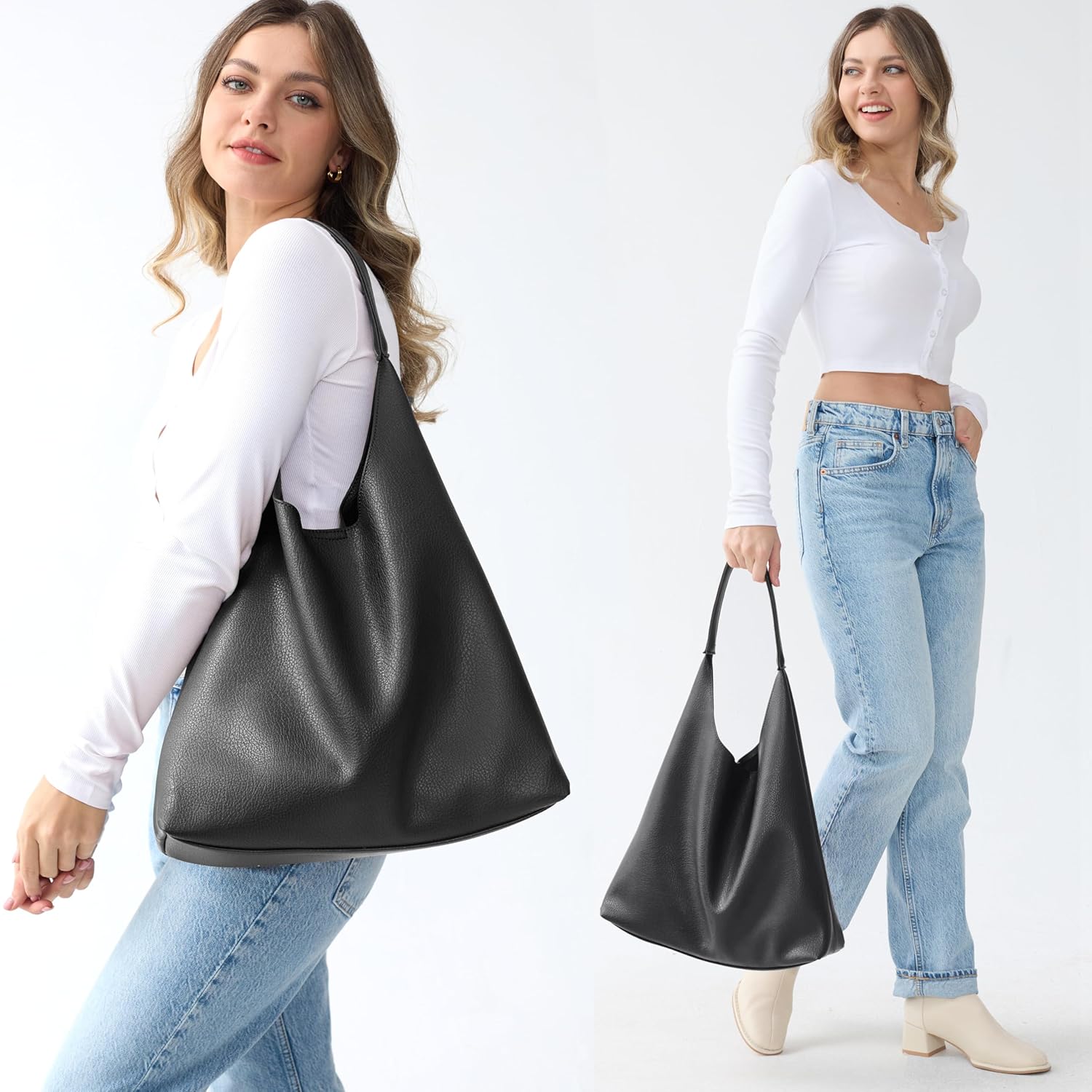 Soft vegan leather hobo bag in neutral color, slouchy shoulder tote design — view 2