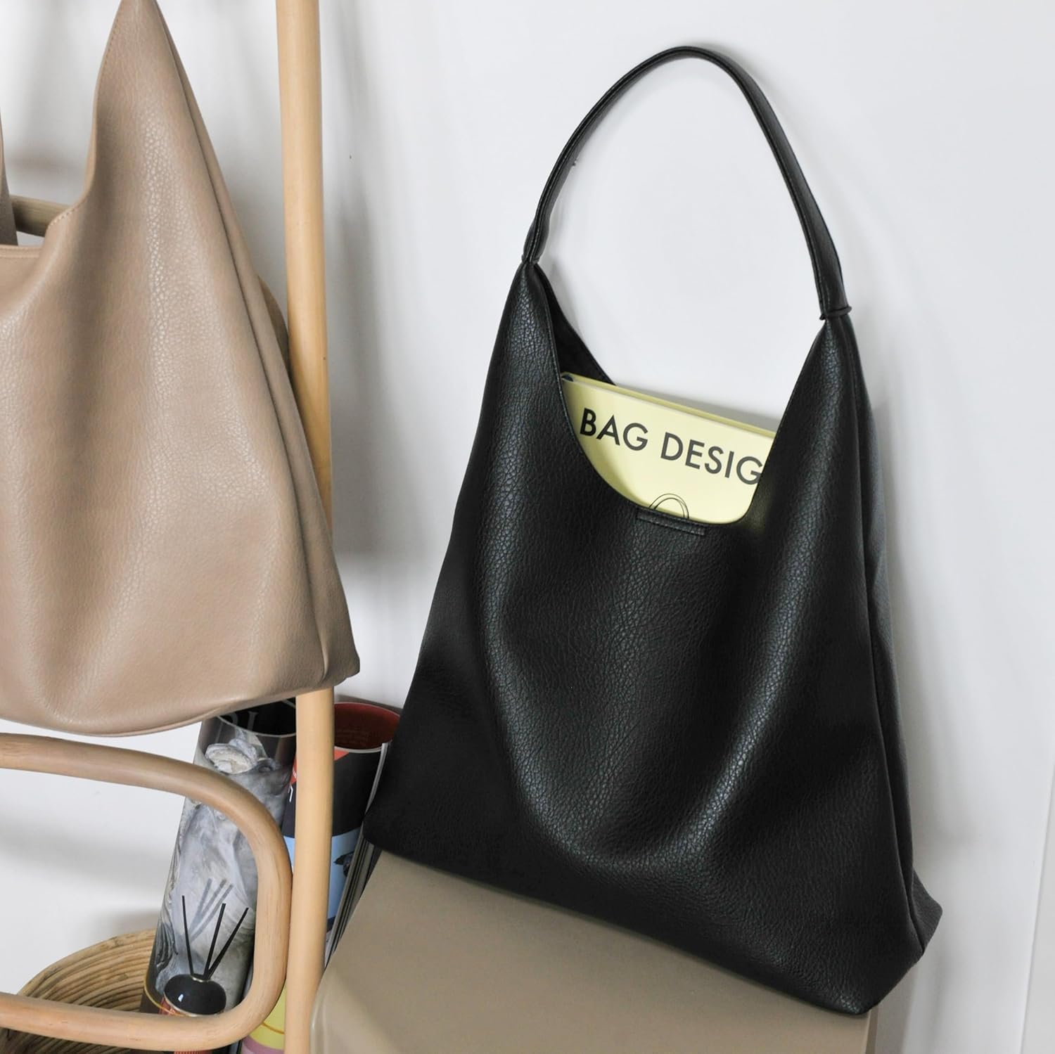 Soft vegan leather hobo bag in neutral color, slouchy shoulder tote design — view 3