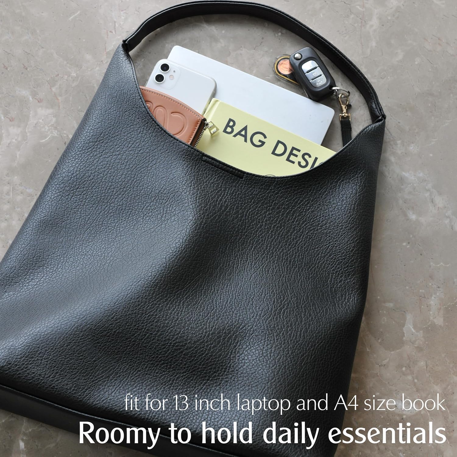 Soft vegan leather hobo bag in neutral color, slouchy shoulder tote design — view 2