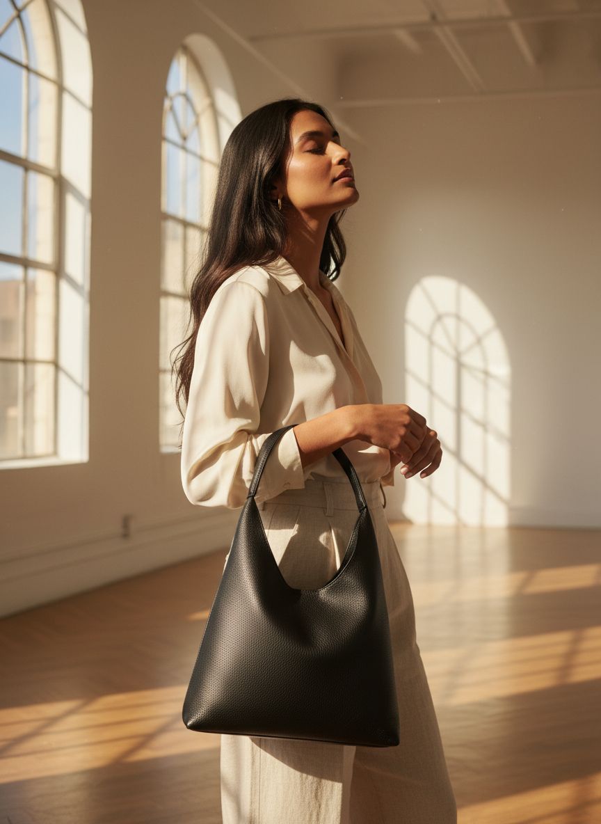 Soft vegan leather hobo bag in neutral color, slouchy shoulder tote design — view 6