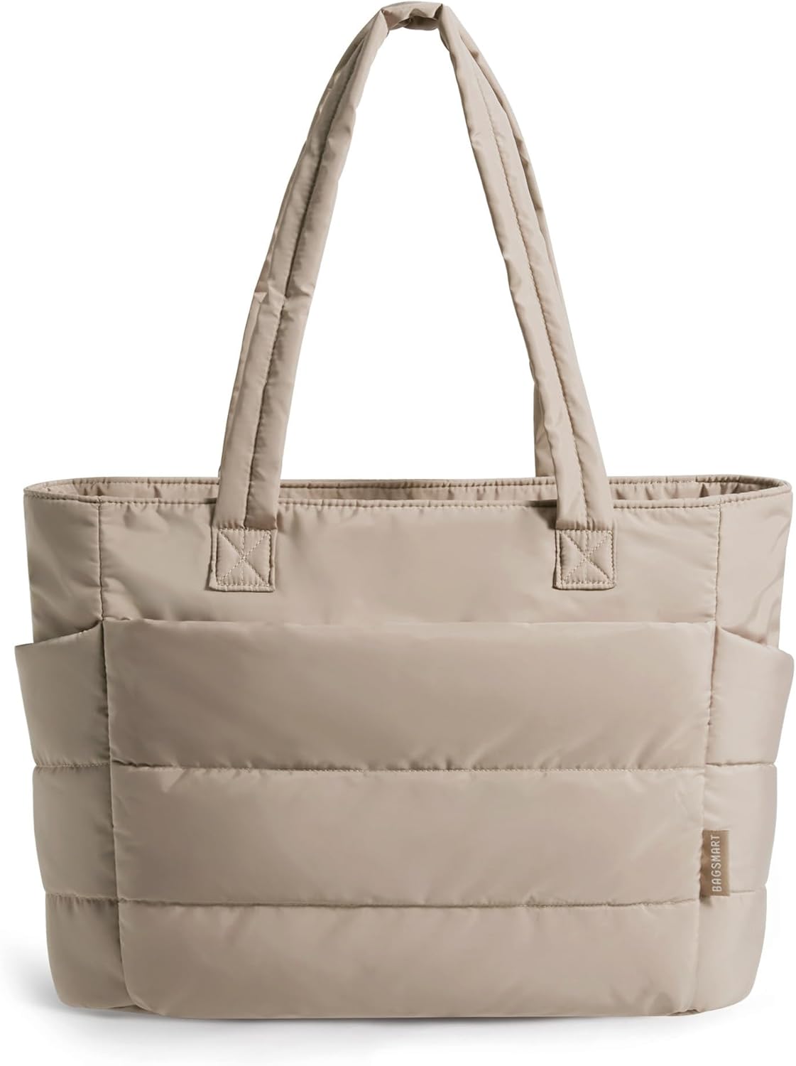 BAGSMART quilted puffy tote bag in neutral nylon with shoulder straps and compartments — view 1